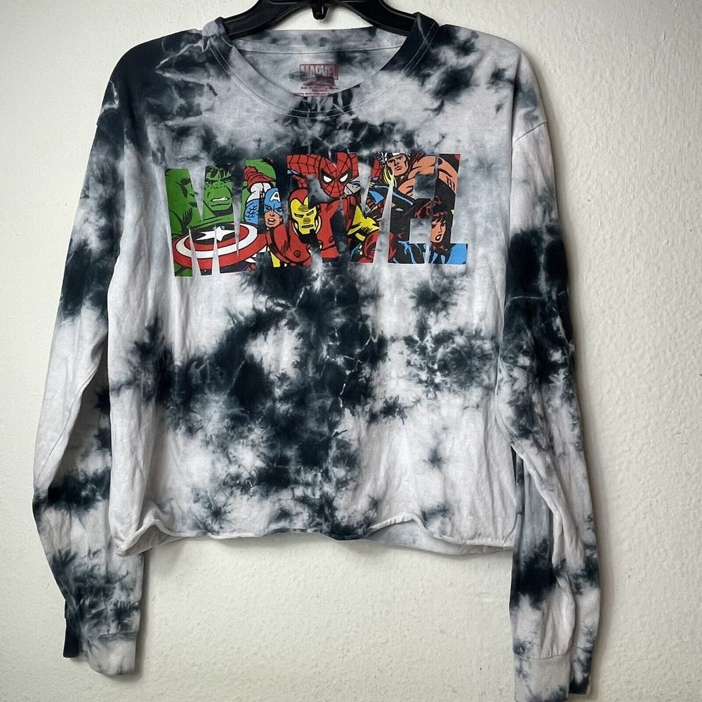 Marvel Comics Shirt Womens L Blue Tie Dye Cropped Long Sleeve Spell Out